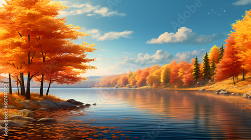 Quiet lakeside scenery, colorful trees reflection on the water background wallpaper poster PPT © xuan