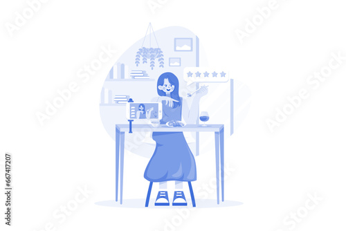 Blogger Woman Trying Food And Making Review