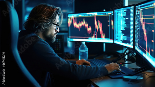Investor trader analyzing financial trading crypto stock market, looking at computer screen thinking of inflation drop risk.