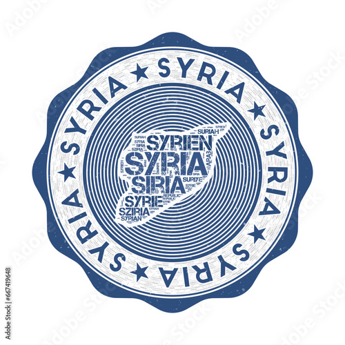 Syria seal. Country round logo with shape of Syria and country name in multiple languages wordcloud. Appealing emblem. Astonishing vector illustration.