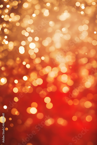 Gold and red vertical background with bokeh lights and glitter on christmas with copy space. Abstract background holiday