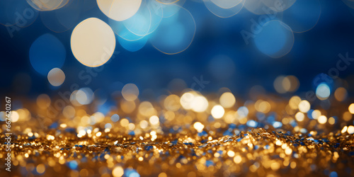 Blue and gold abstract wide background with copy space  bokeh lights and glitter on New Year s Eve