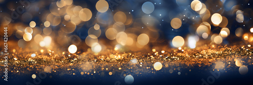 Blue and gold abstract background banner with copy space, bokeh lights and glitter on New Year's Eve