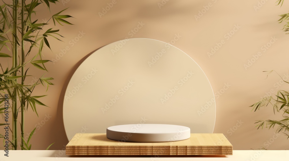 3D empty showcase, podium, stand for advertising and product display and presentation with bamboo nature background. 3D empty showcase, podium, stand for advertising and product display and presentation with bamboo nature background.