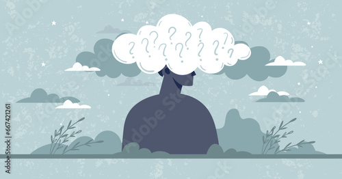 Concept of depression, problems, trauma. Silhouette of a gloomy man against the backdrop of a sad landscape. Illustration about psychological help, midlife crisis. Vector banner about bad mood