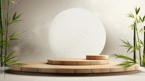 Fototapeta Naklejka Na Ścianę i Meble -  3D empty showcase, podium, stand for advertising and product display and presentation with bamboo nature background.
