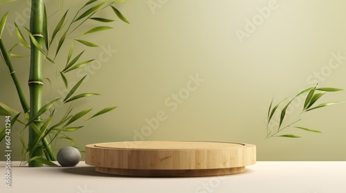 3D empty showcase, podium, stand for advertising and product display and presentation with bamboo nature background.