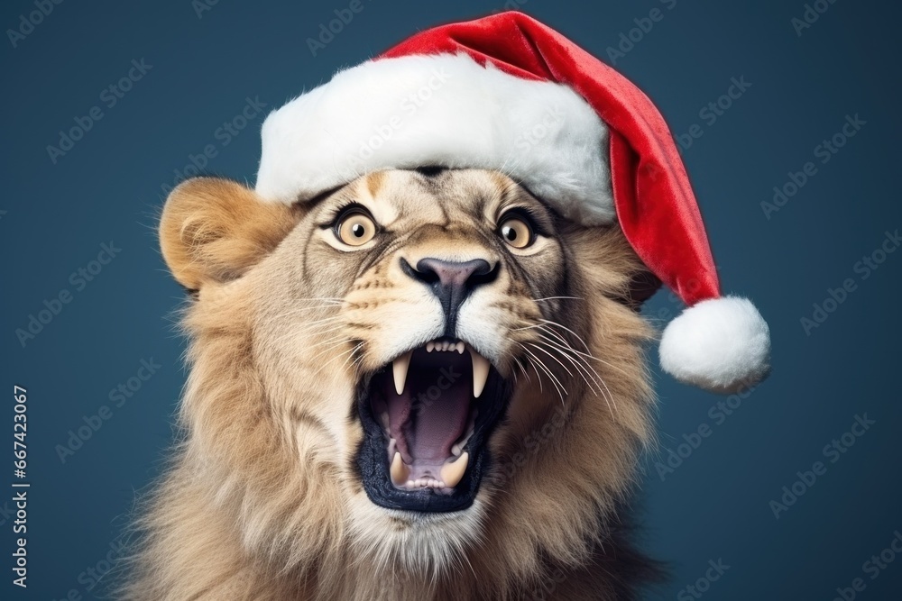 Funny surprised lion with santa hat studio shot isolated bright color background Funny surprised lion with santa hat studio shot isolated bright color background
