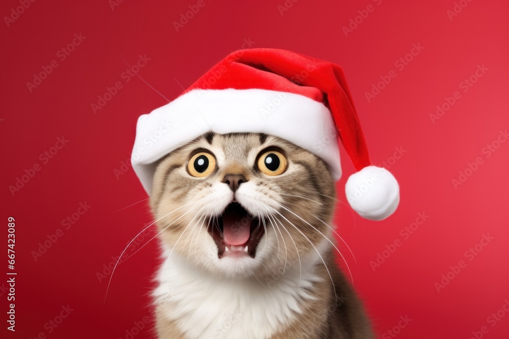 Naklejka premium Funny surprised cat with santa hat studio shot isolated bright color background