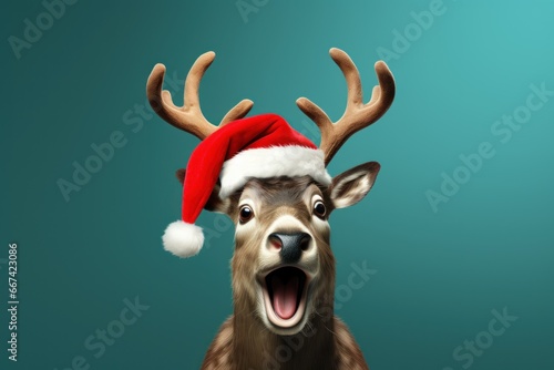 Funny surprised reindeer with santa hat studio shot isolated bright color background