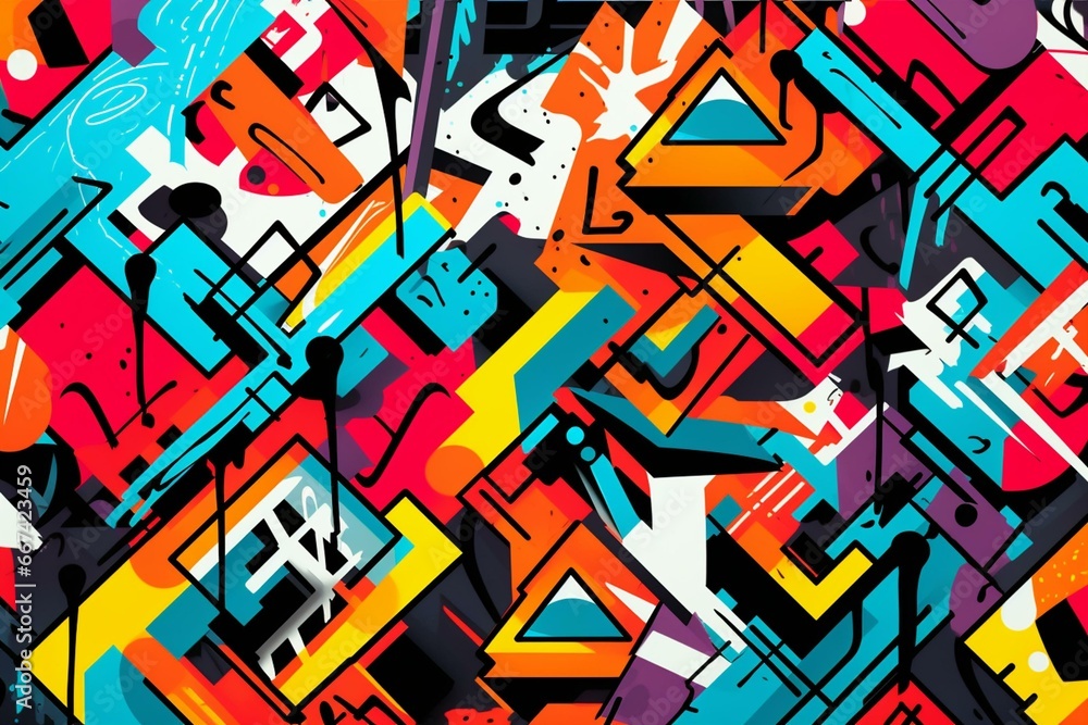 Seamless pattern of graffiti on a geometric background. Generative AI