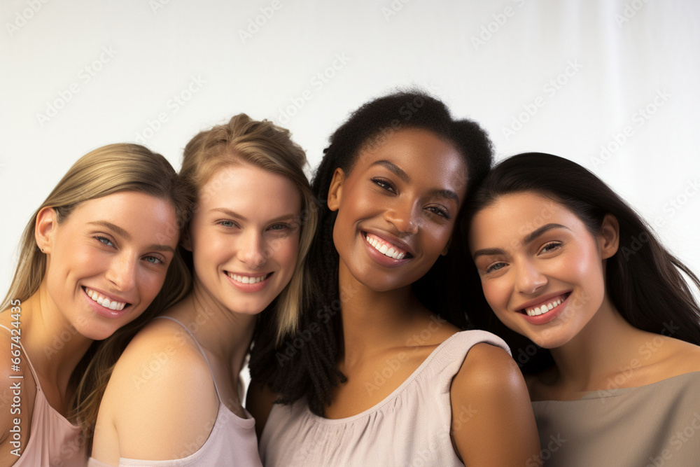 Diverse women with radiant complexions on a studio background, embodying wellness, empowerment, and makeup. Generative AI. Diverse women with radiant complexions on a studio background, embodying wellness, empowerment, and makeup. Generative AI.