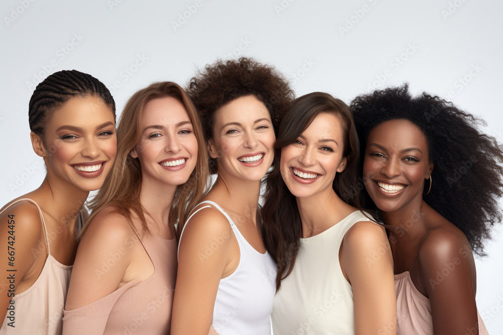 Diverse women with radiant complexions on a studio background, embodying wellness, empowerment, and makeup. Generative AI. Diverse women with radiant complexions on a studio background, embodying wellness, empowerment, and makeup. Generative AI.