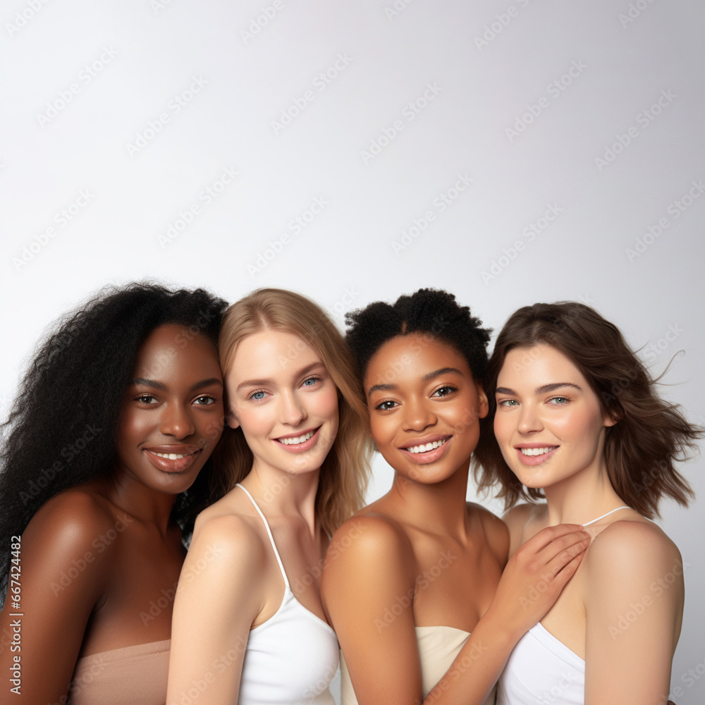 Diverse women with radiant complexions on a studio background, embodying wellness, empowerment, and makeup. Generative AI. Diverse women with radiant complexions on a studio background, embodying wellness, empowerment, and makeup. Generative AI.