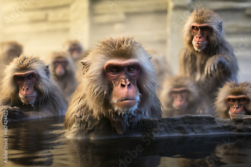 A group of Japanese macaques taking a bath in a hot spring photo