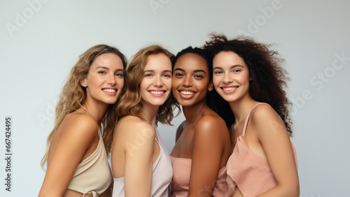 Diverse women with radiant complexions on a studio background, embodying wellness, empowerment, and makeup. Generative AI.