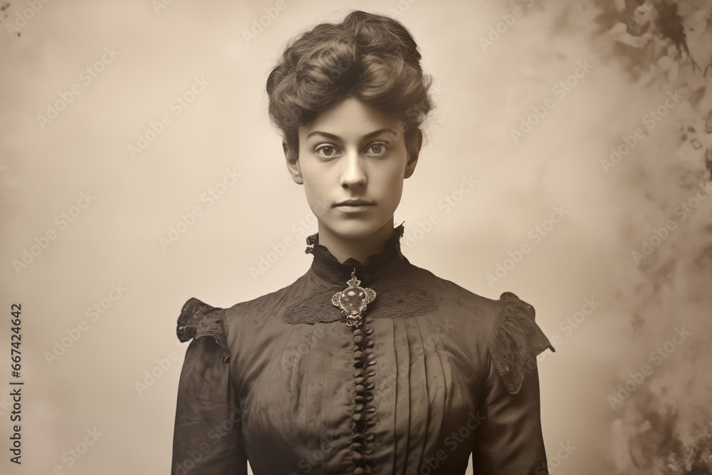 Obraz premium Old black and white studio portrait photograph from the Victorian era of a young woman