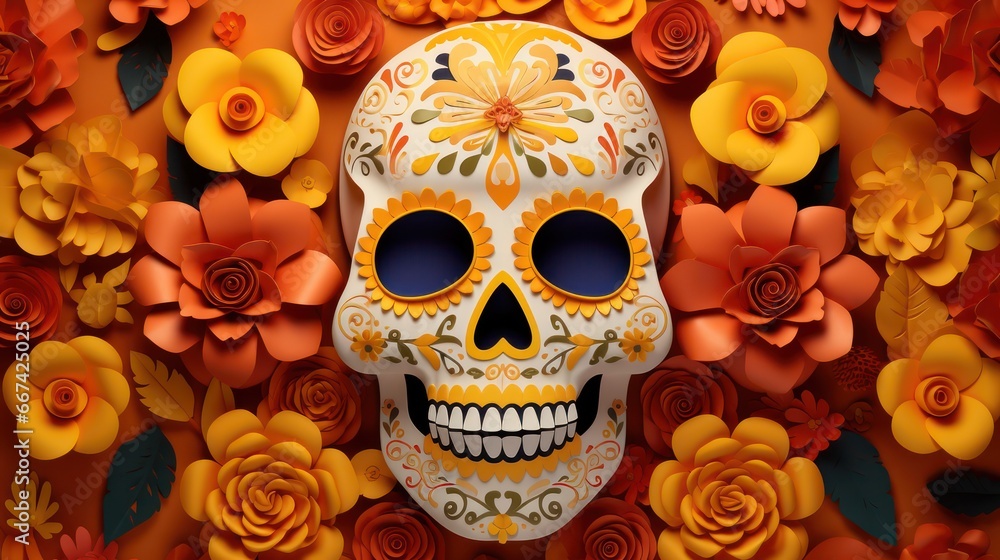 Colorful sugar skull adorned with intricate floral patterns. Day of the dead, Hispanic.