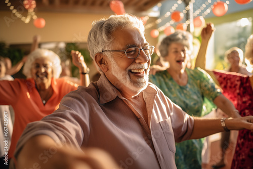 Candid capture of a joyful group of seniors showing vitality while dancing, highlights companionship and active lifestyle in retirement, reflecting the spirit of elderly