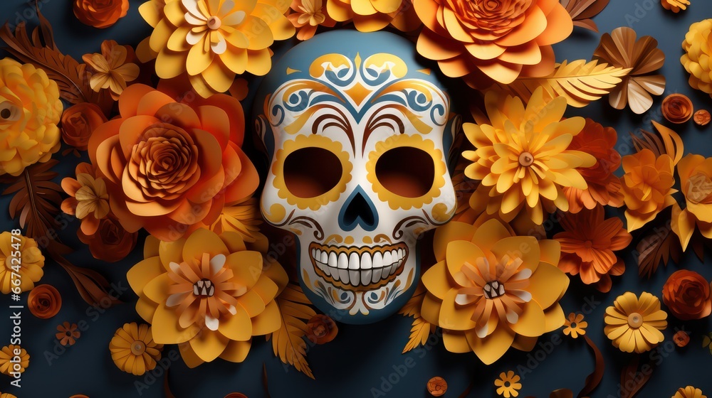 Colorful sugar skull adorned with intricate floral patterns. Day of the dead, Hispanic.