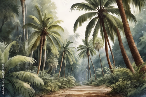 palm trees in the jungle watercolor painting 