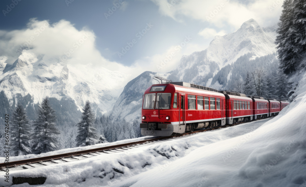 an red train traveling down a snowy mountainside