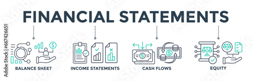 Financial statements banner web icon vector illustration concept with the icon of graph, balance sheet, pie chart, income statements, money, income, earnings, cash flow, equity, and balance