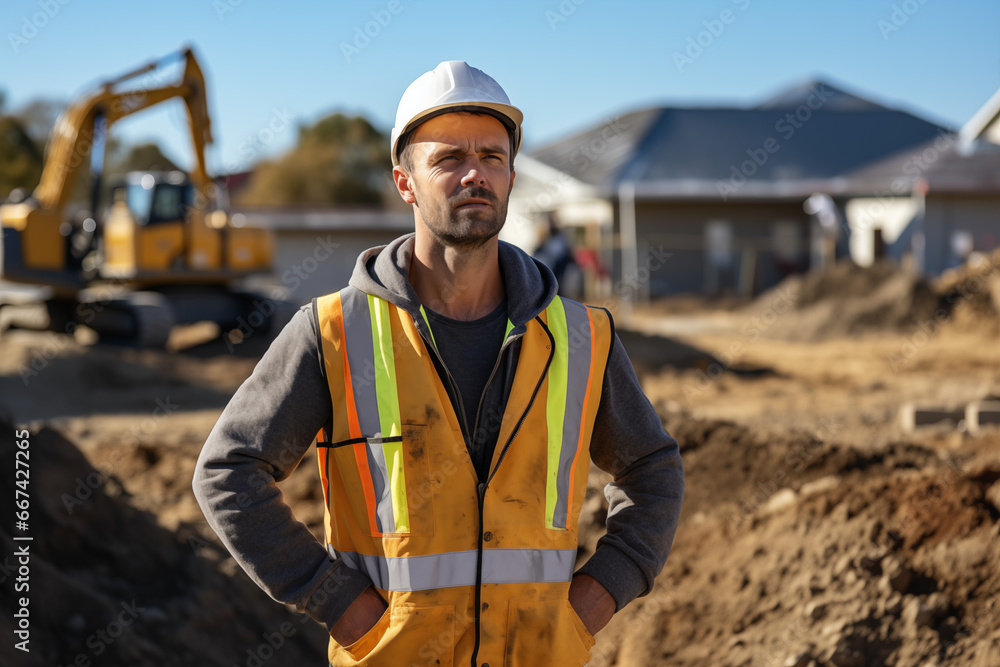 construction worker on site with hands in pockets construction worker on site with hands in pockets