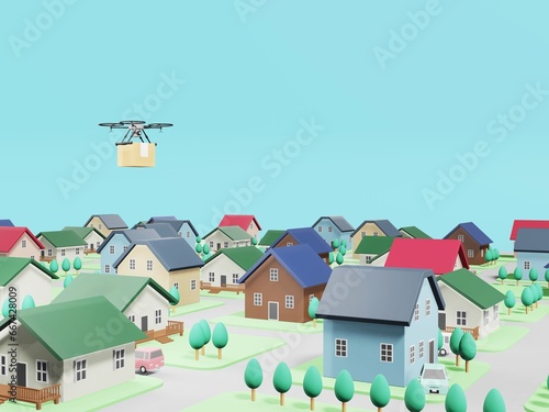 町の上で荷物を運ぶドローン