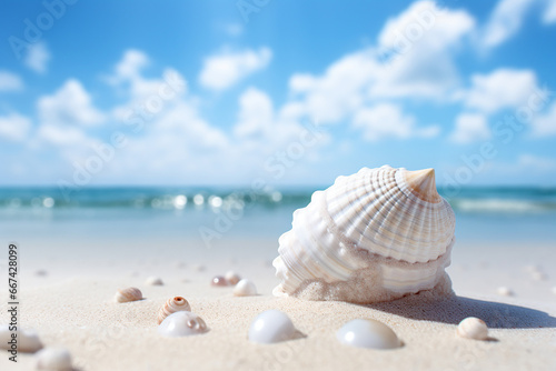 The close up detail of white seashells in the sand at the beautiful beach on a sunny day. AI generated. © Surachetsh