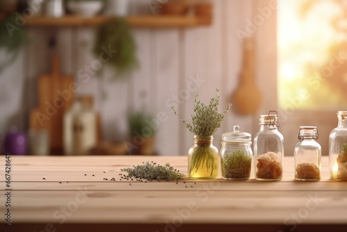 Simple wooden table  clean ingredients  home kitchen  blurred backdrop - peaceful area for cooking wholesome meals. Generative AI