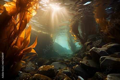 Breathtaking underwater kelp forest teeming with brown seaweed. Generative AI