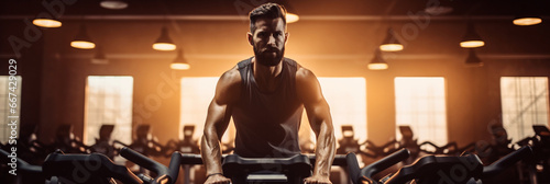Fit man doing a cycling workout at a gym photo