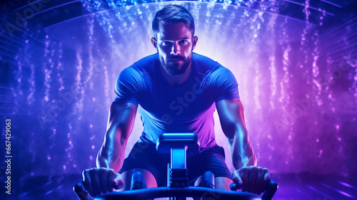Fit man doing a cycling workout at a neon lit gym © Tierney