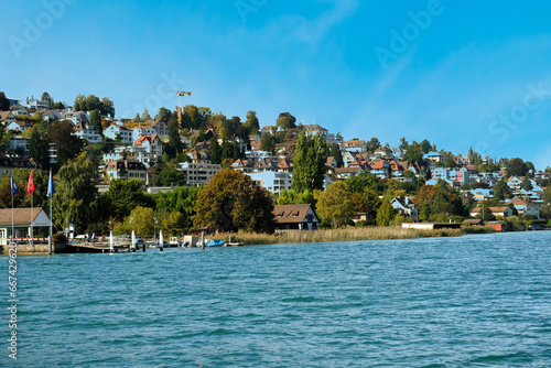 Swiss houses occupy the mountain slopes amid trees under blue sky, by the lake of Zurich 2 © surasak