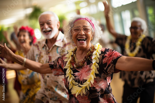 Candid capture of a joyful diverse group of seniors showing vitality while dancing, highlights companionship and active lifestyle in retirement, reflecting the spirit of elderly
