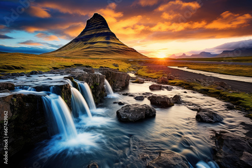 Kirkjufell mountain and Kirkjufellsfoss waterfall in eastern Iceland © Kien