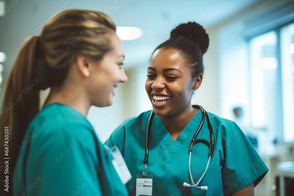 candid shot of two nurses laughing and talking in hospital candid shot of two nurses laughing and talking in hospital