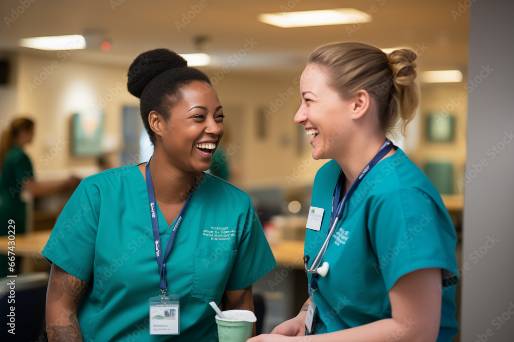candid shot of two nurses laughing and talking in hospital - obrazy, fototapety, plakaty 