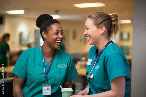 candid shot of two nurses laughing and talking in hospital photo