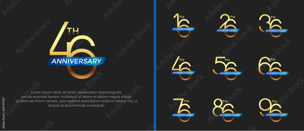 set of anniversary logo gold color and blue ribbon on black background for celebration moment