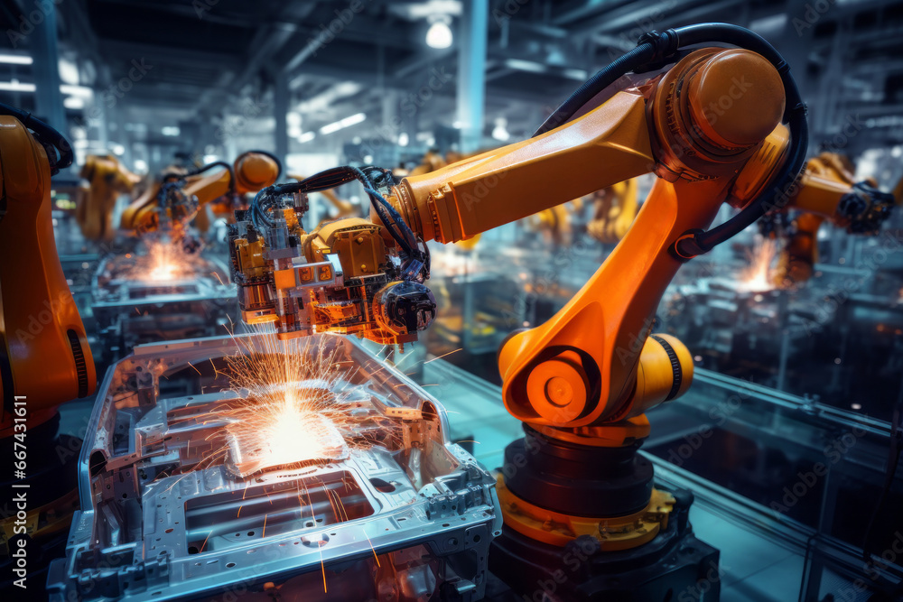 Modern factory using robotic arm works welding in the industrial mega factory, artificial intelligence and innovative technology, AI industry Modern factory using robotic arm works welding in the industrial mega factory, artificial intelligence and innovative technology, AI industry