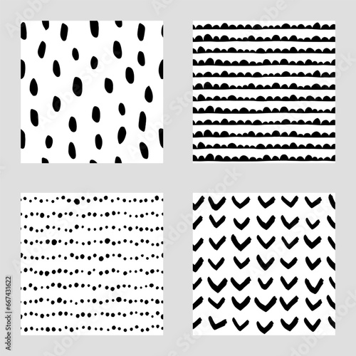 Set of 4 seamless abstract patterns in black and white. Repeat patterns with hand drawn abstract shapes and brushstrokes.