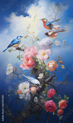 Serene Harmony  Bluebirds Amidst Vibrant Blooms