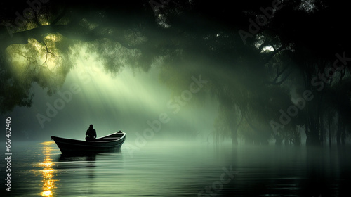 A Foggy Morining Fishing in a Swamp, Moody Environment