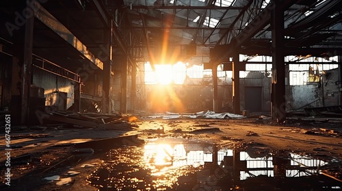 An abandoned spooky interior warehouse damaged by flooding in the morning with sunlight coming in. photo