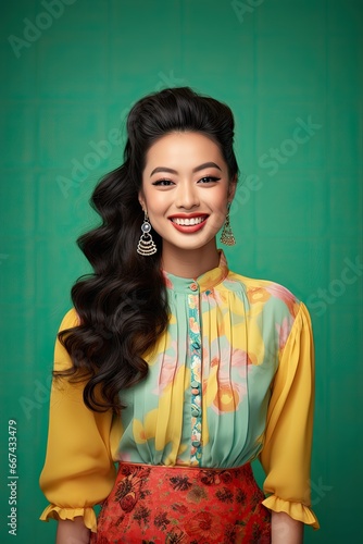 Young, attractive and fashionable asian woman posing in happy mood isolated on green background.