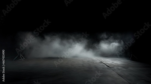 Dark room with mist or fog with texture concrette floor, interior texture for display products and spotlight.