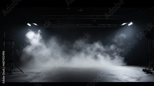 Dark room with mist or fog with texture concrette floor, interior texture for display products and spotlight. photo