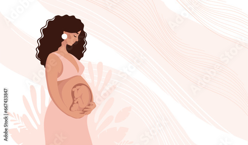 Beautiful pregnant black woman hugging her belly with fetus in uterus, pregnancy and motherhood concept, vector illustration for doula, obstetrician, doctor.  flat cartoon design.